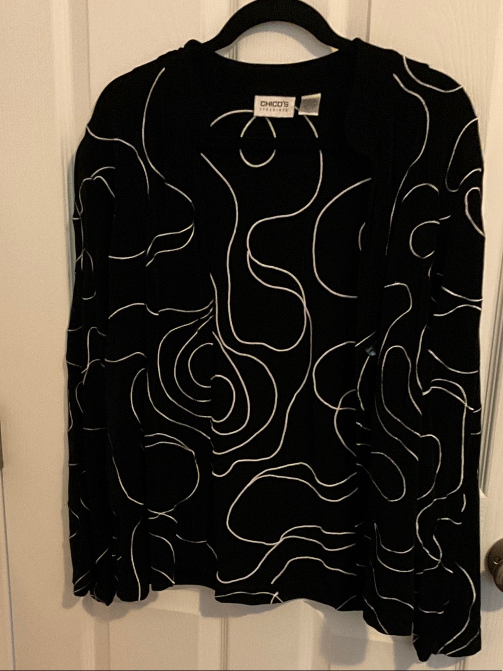 Chico's Black Cardigan with White Abstract Line Design